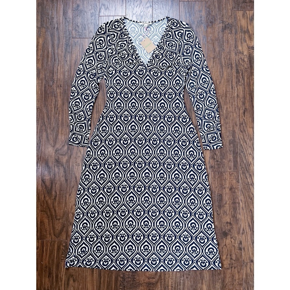Boden • V-neck Jersey Midi Dress French Navy blue white Geo Cascade pattern - Picture 2 of 11